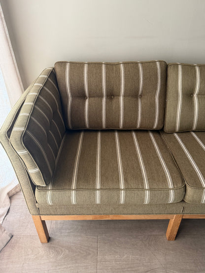 Danish green striped wool & oak sofa