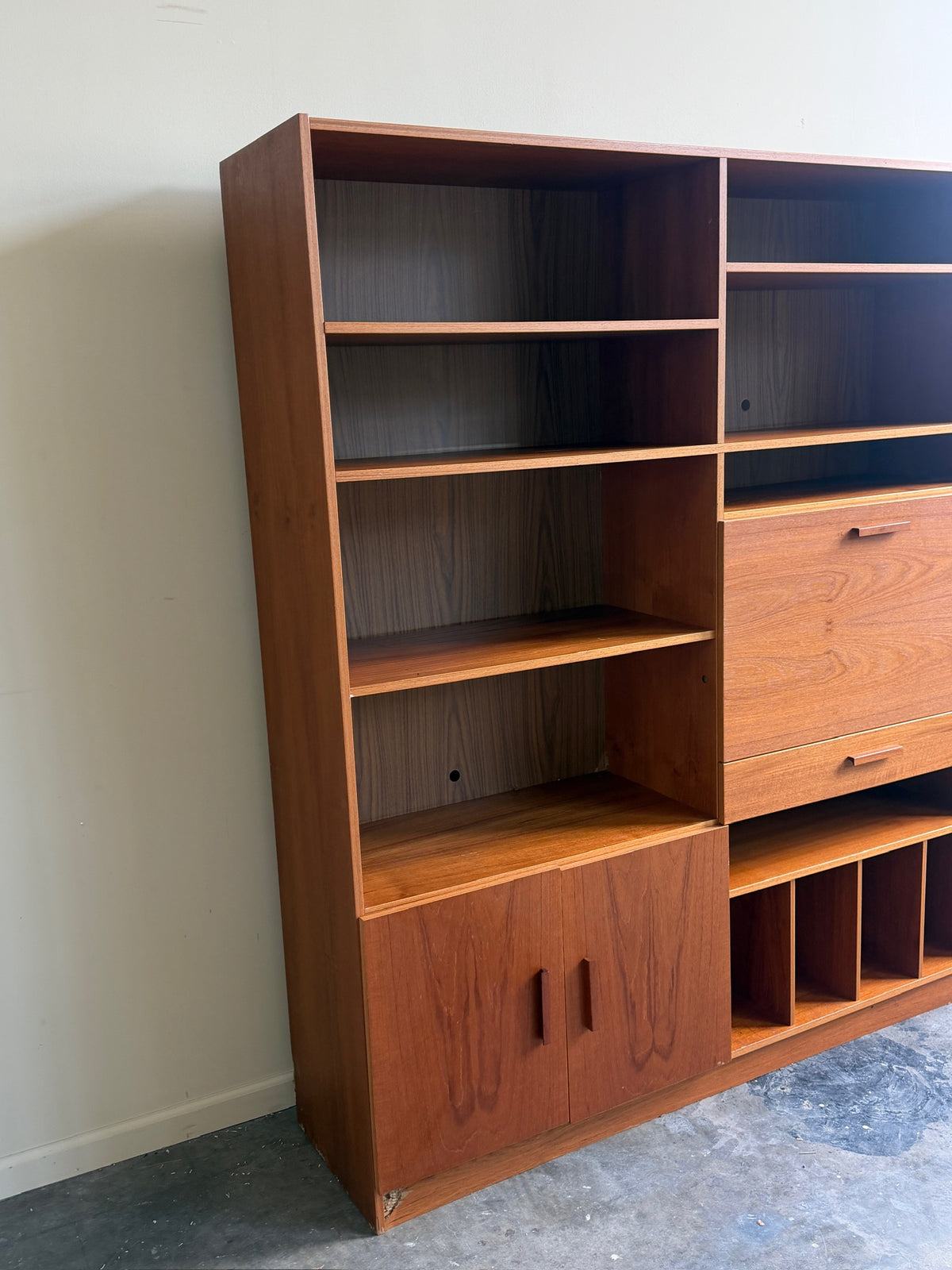 Danish teak shelving unit with drop down desk