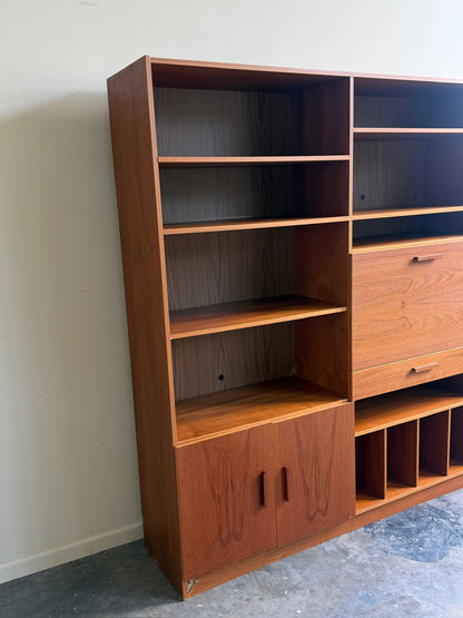 Danish teak shelving unit with drop down desk