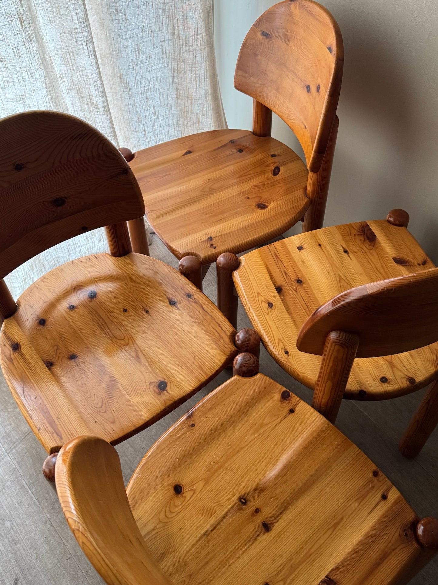 Rainer Daumiller pine dining chairs with satin finish. Sold as a set of 4.