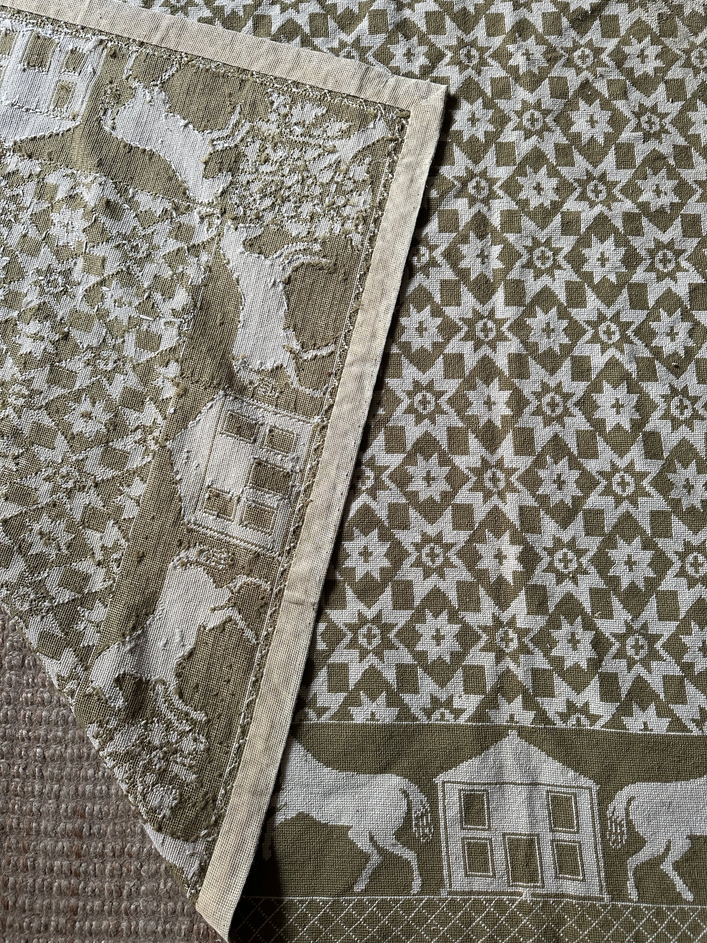 Green and cream hand woven wool coverlet/rug/tapestry