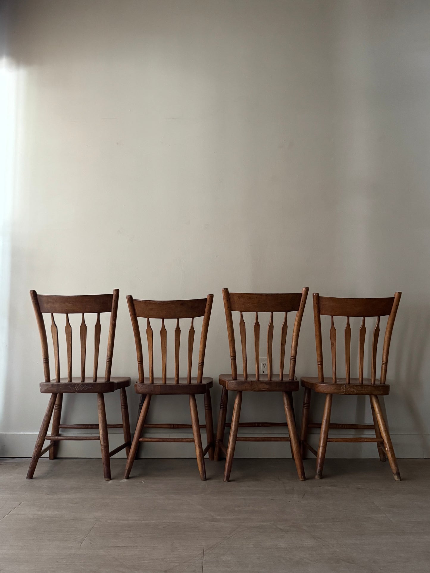 Pine plank seat dining chairs. Sold as a set of 4.