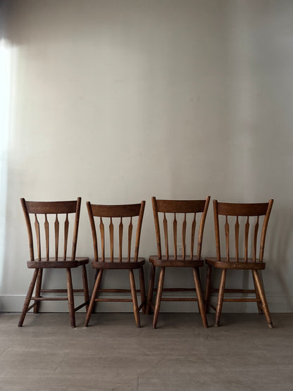 Pine plank seat dining chairs. Sold as a set of 4.