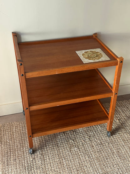 Teak bar cart with tile inlay