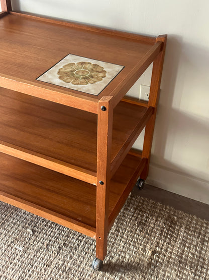 Teak bar cart with tile inlay