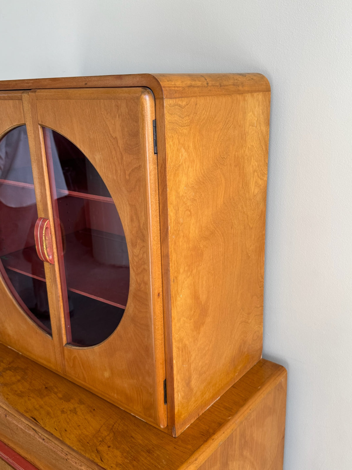 Maple two piece hutch with red painted pulls