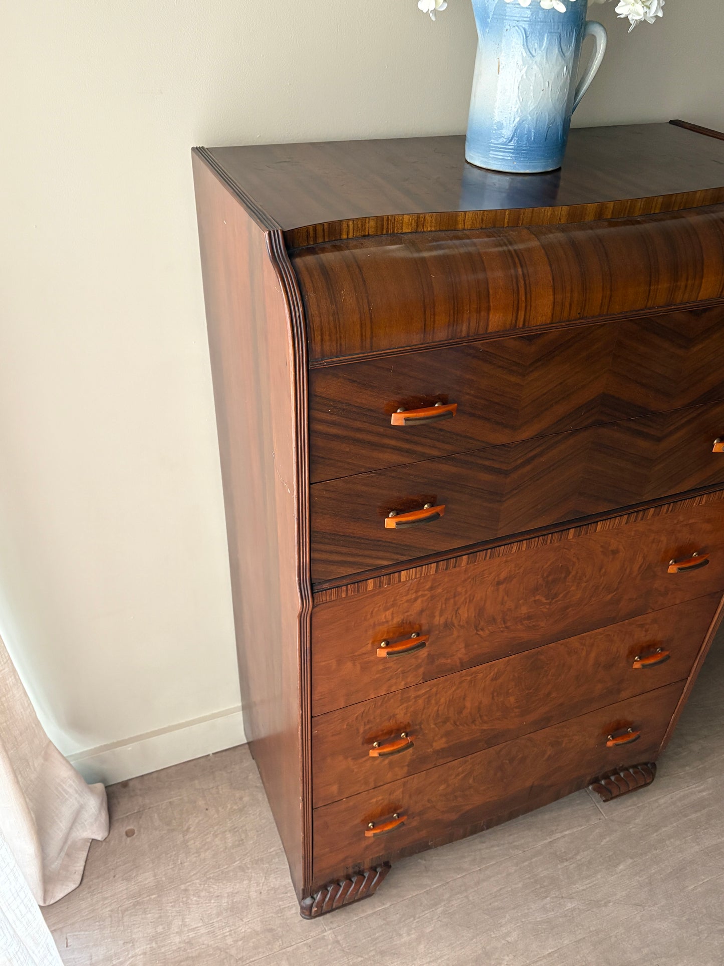 Deco walnut tallboy dresser