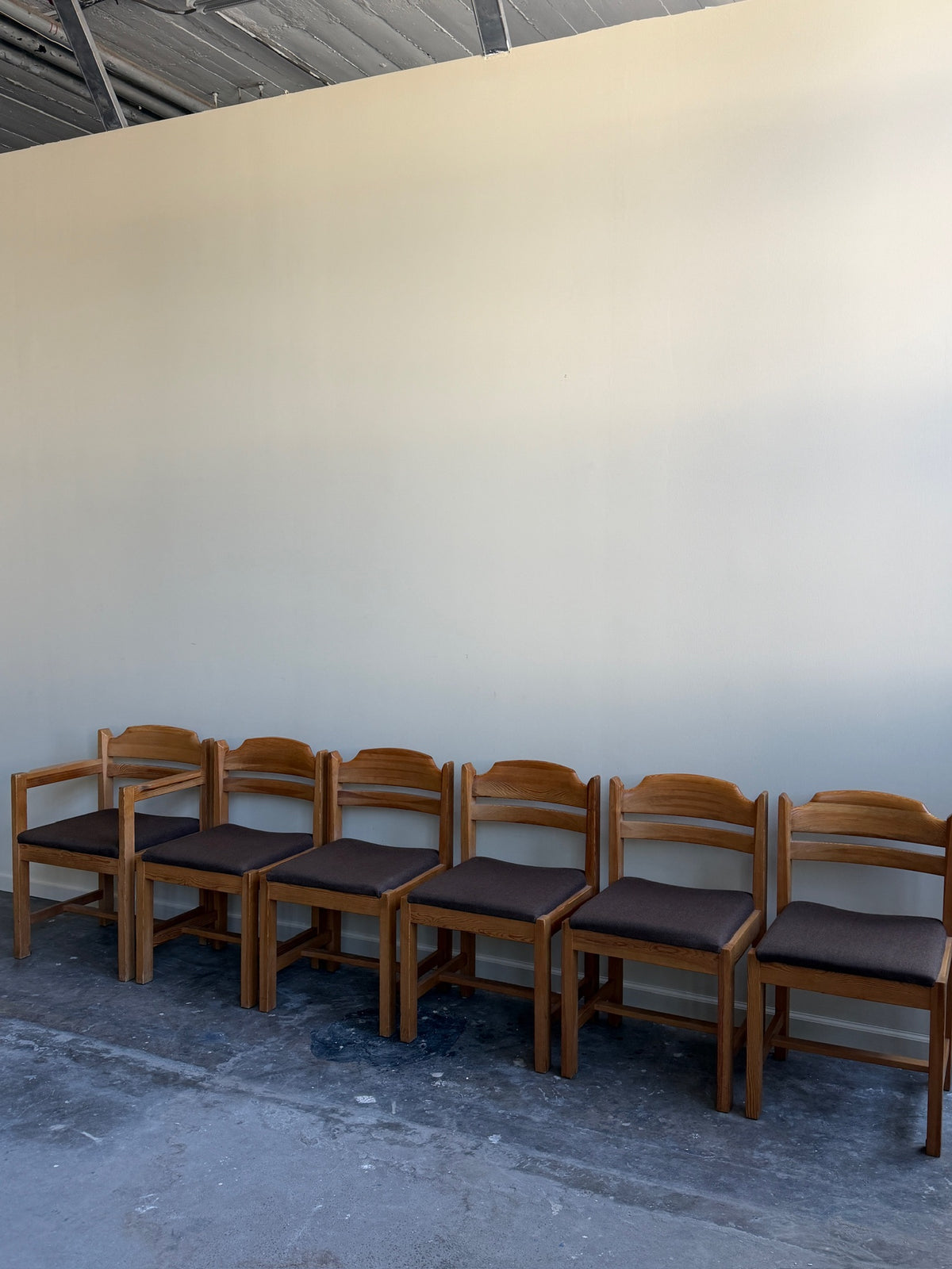 Swedish pine upholstered dining chairs. Sold individually.