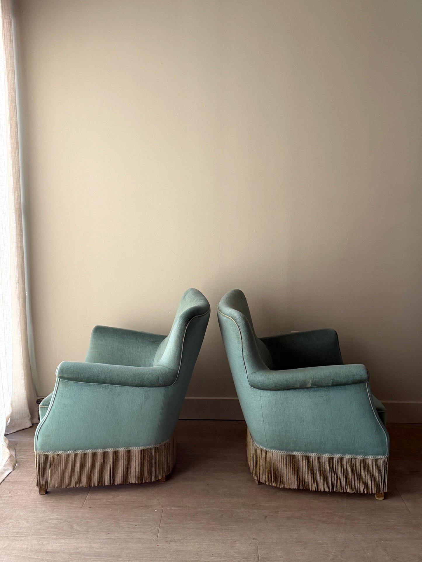 Danish velvet lounge chairs. Sold individually.