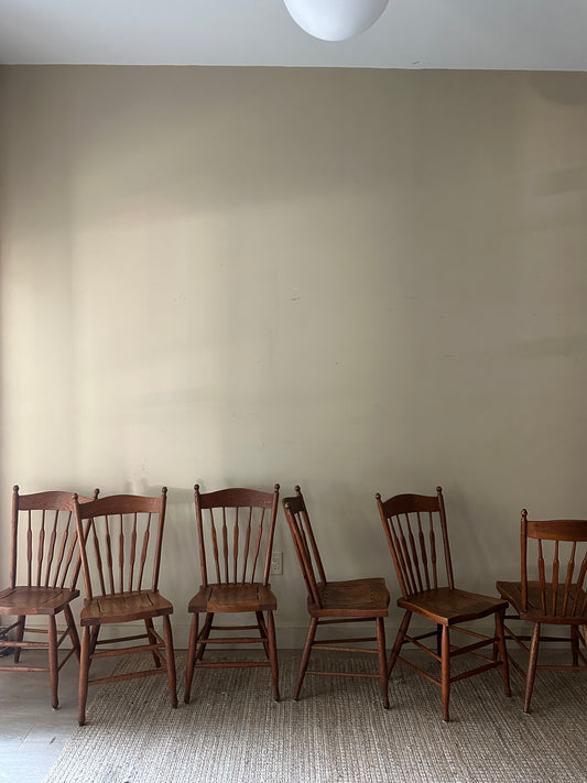 6 Oak dining chairs. Sold in pairs.