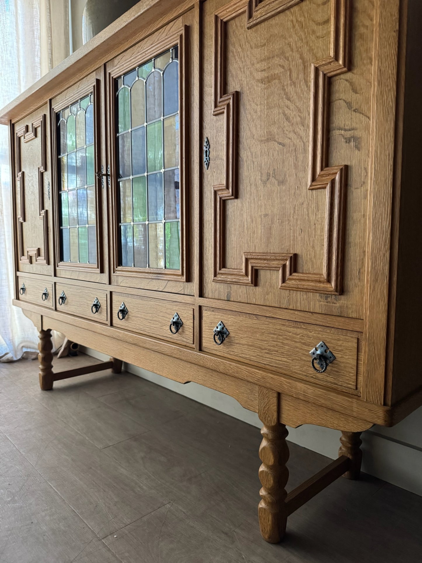 Danish oak sideboard with stained glass doors