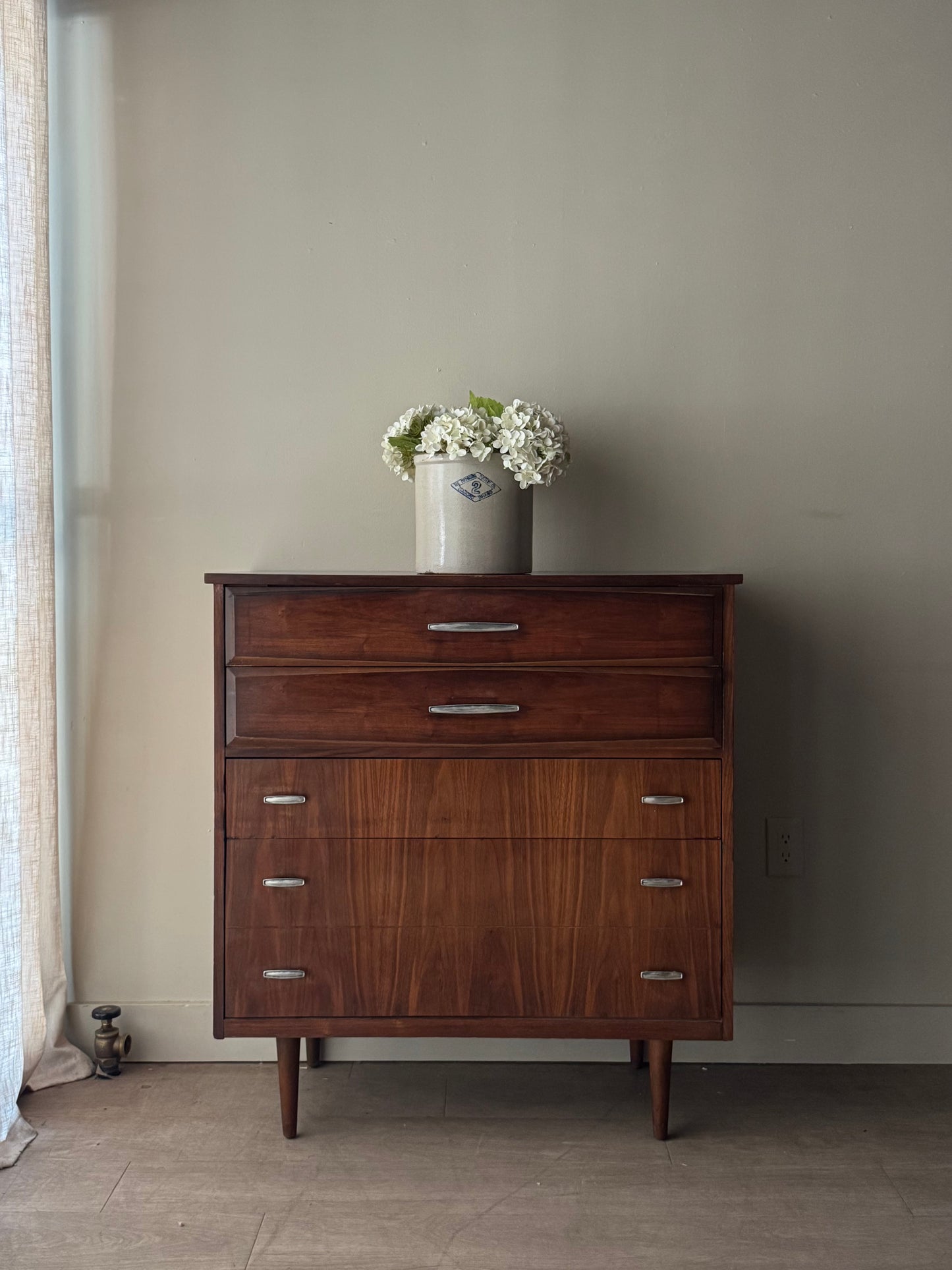 Walnut tallboy with chrome handles