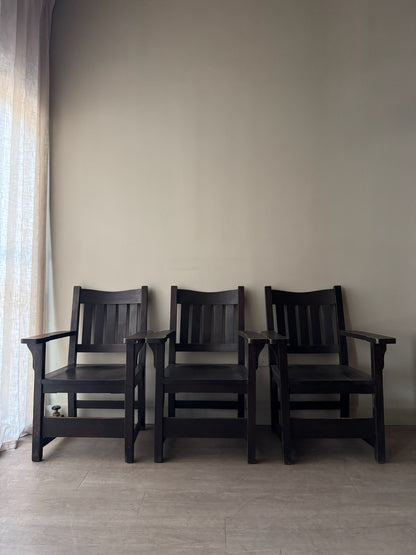 Mission oak arm chairs. Sold individually.