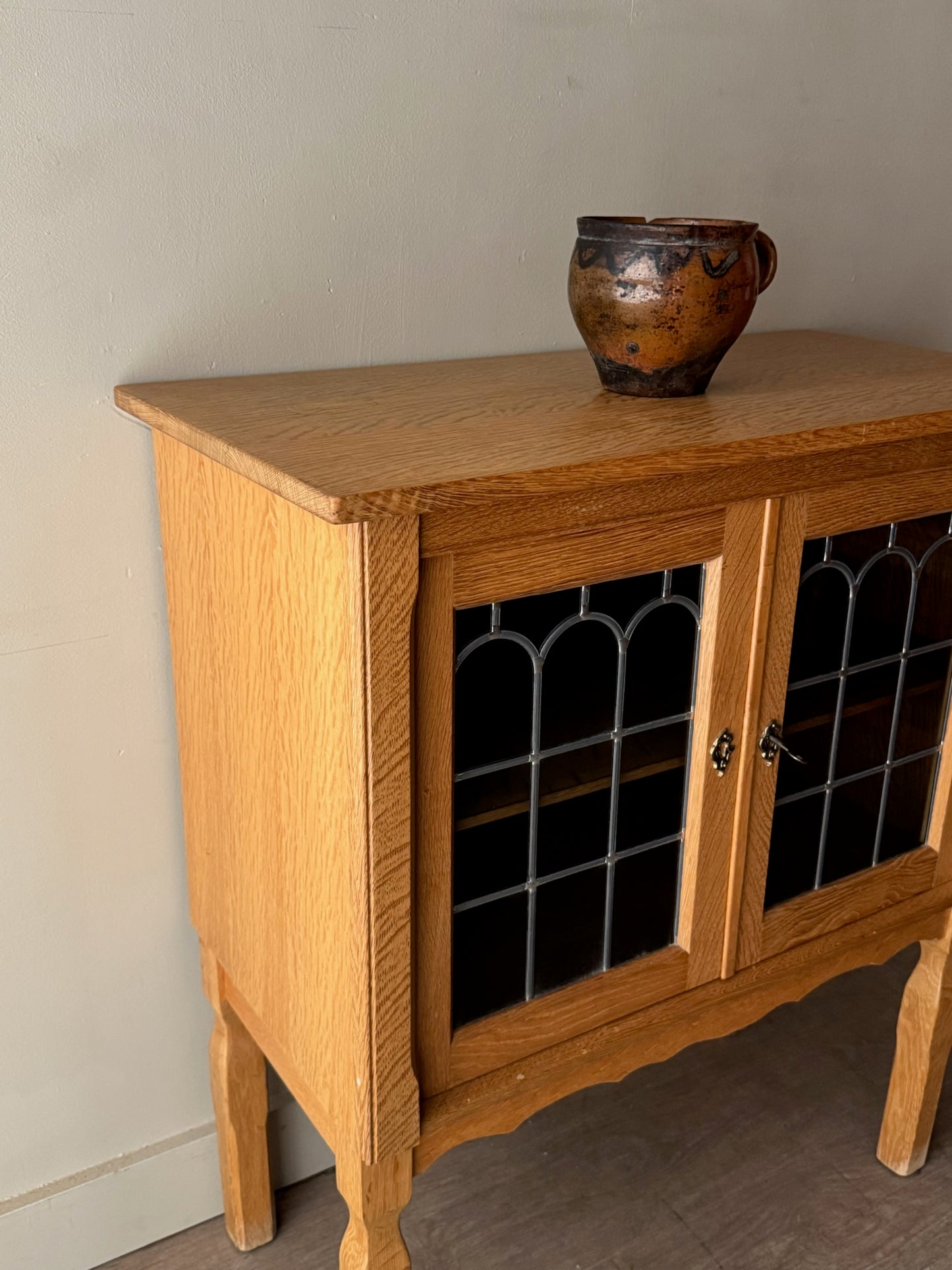 Danish oak & stained glass cabinet