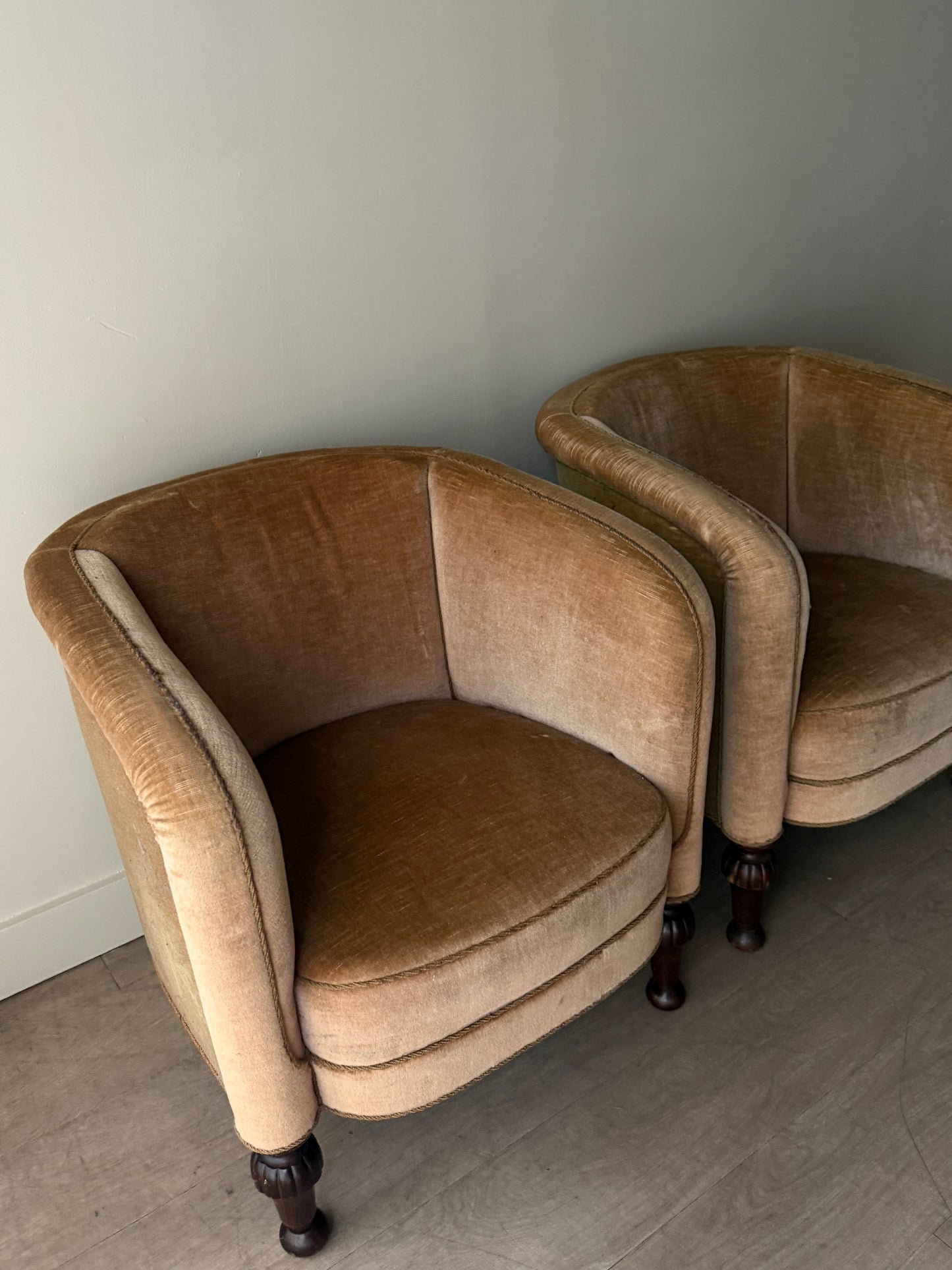Danish velvet club chairs. Sold individually.