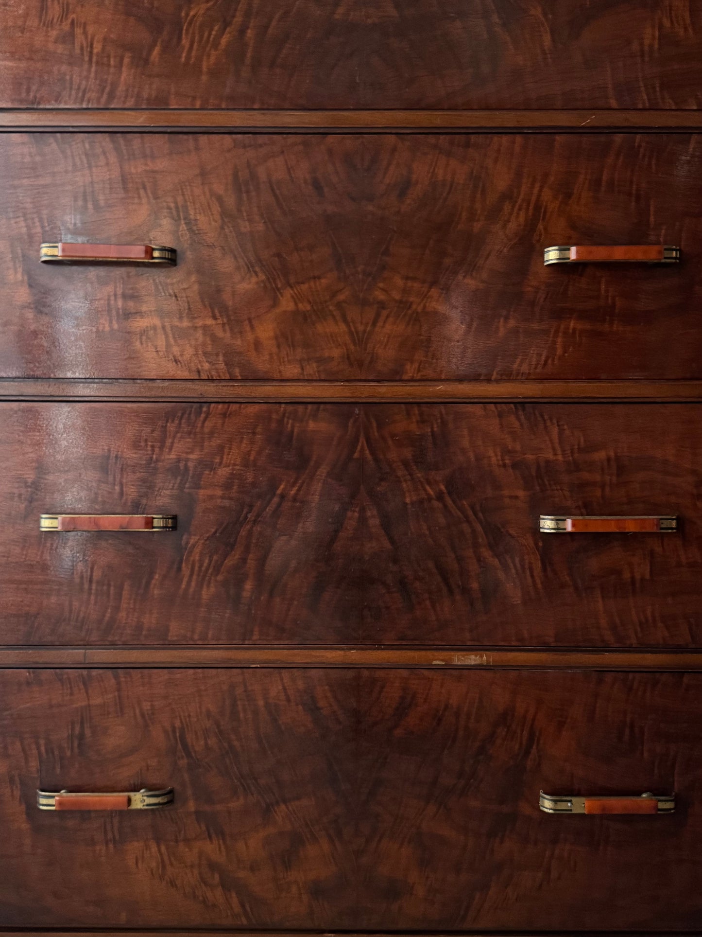 Deco figured walnut tallboy dresser