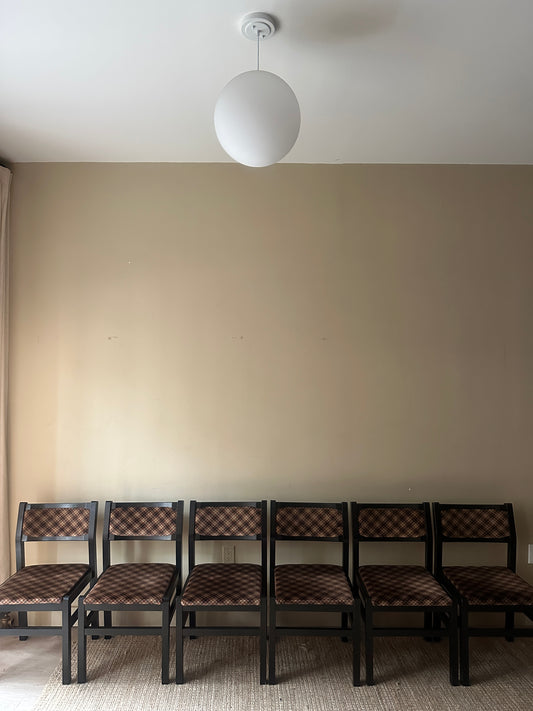 6 upholstered dining chairs. Sold in pairs.