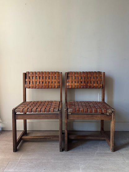 10 Jens Risom style woven leather dining chairs. Sold individually.