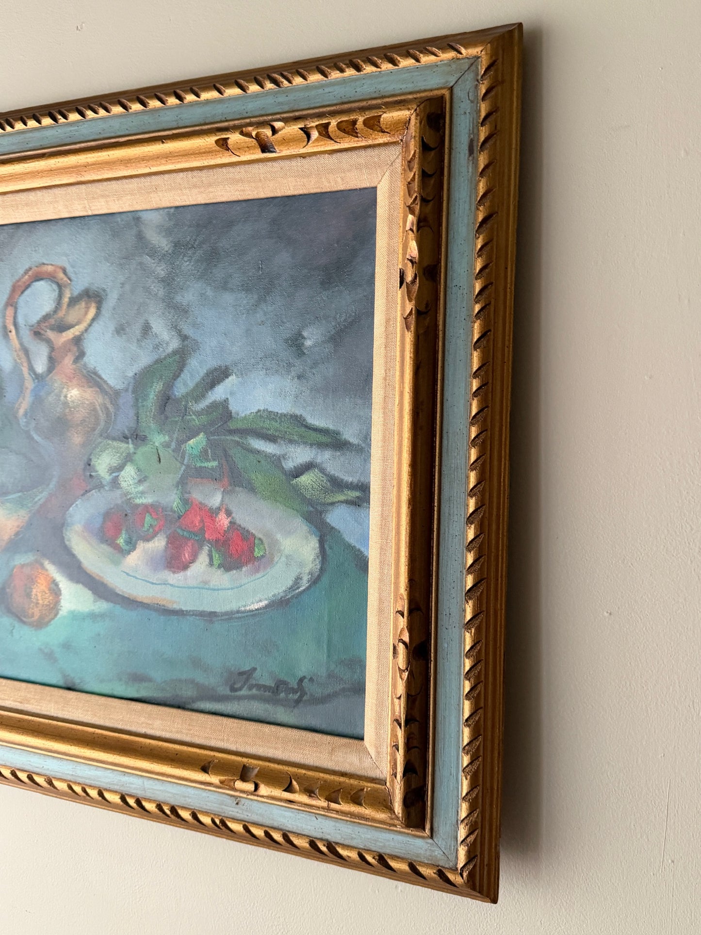 Modernist kitchen table still life. Signed.