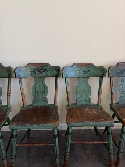 Pennsylvania Sheraton Paint-Decorated Plank Seat Chairs. Sold in pairs.