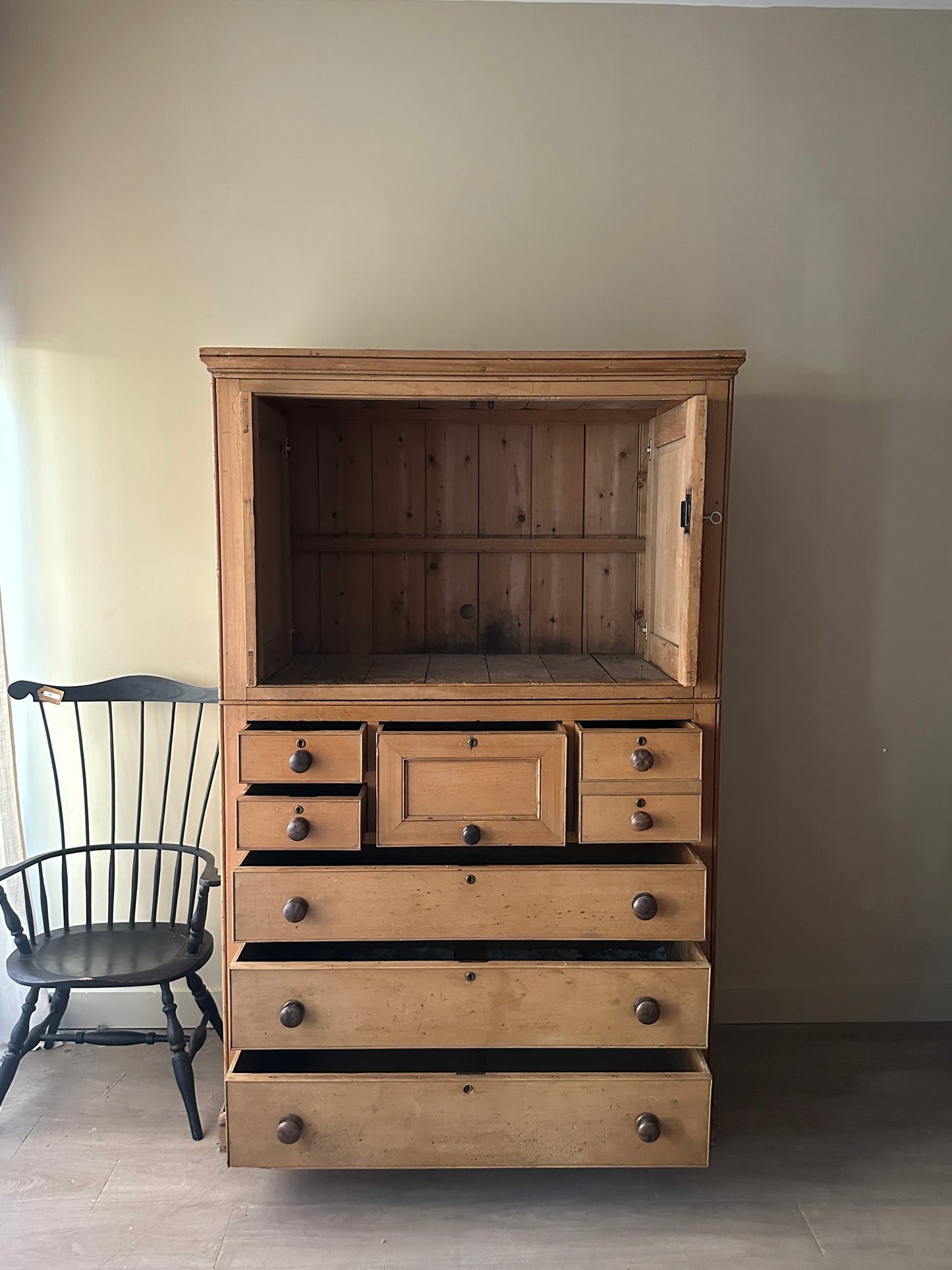 19th c. pine cabinet with updated sliding door mechanism.