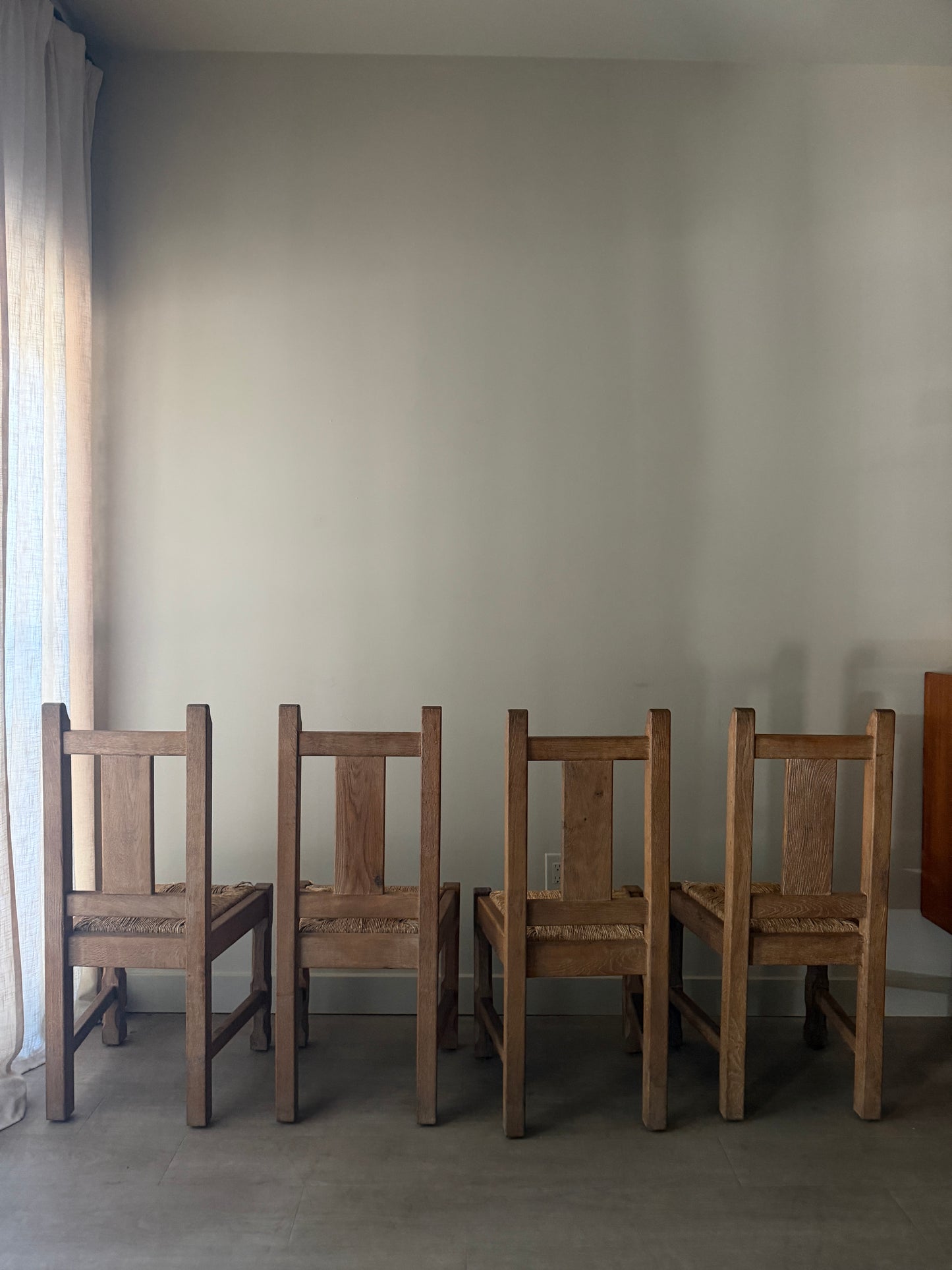 Belgian De Puydt oak & rush dining chair. Sold as a set of 4.