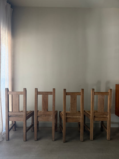 Belgian De Puydt oak & rush dining chair. Sold as a set of 4.