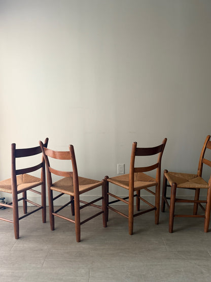 Pine rush seat dining chairs. Sold as a set of 4.