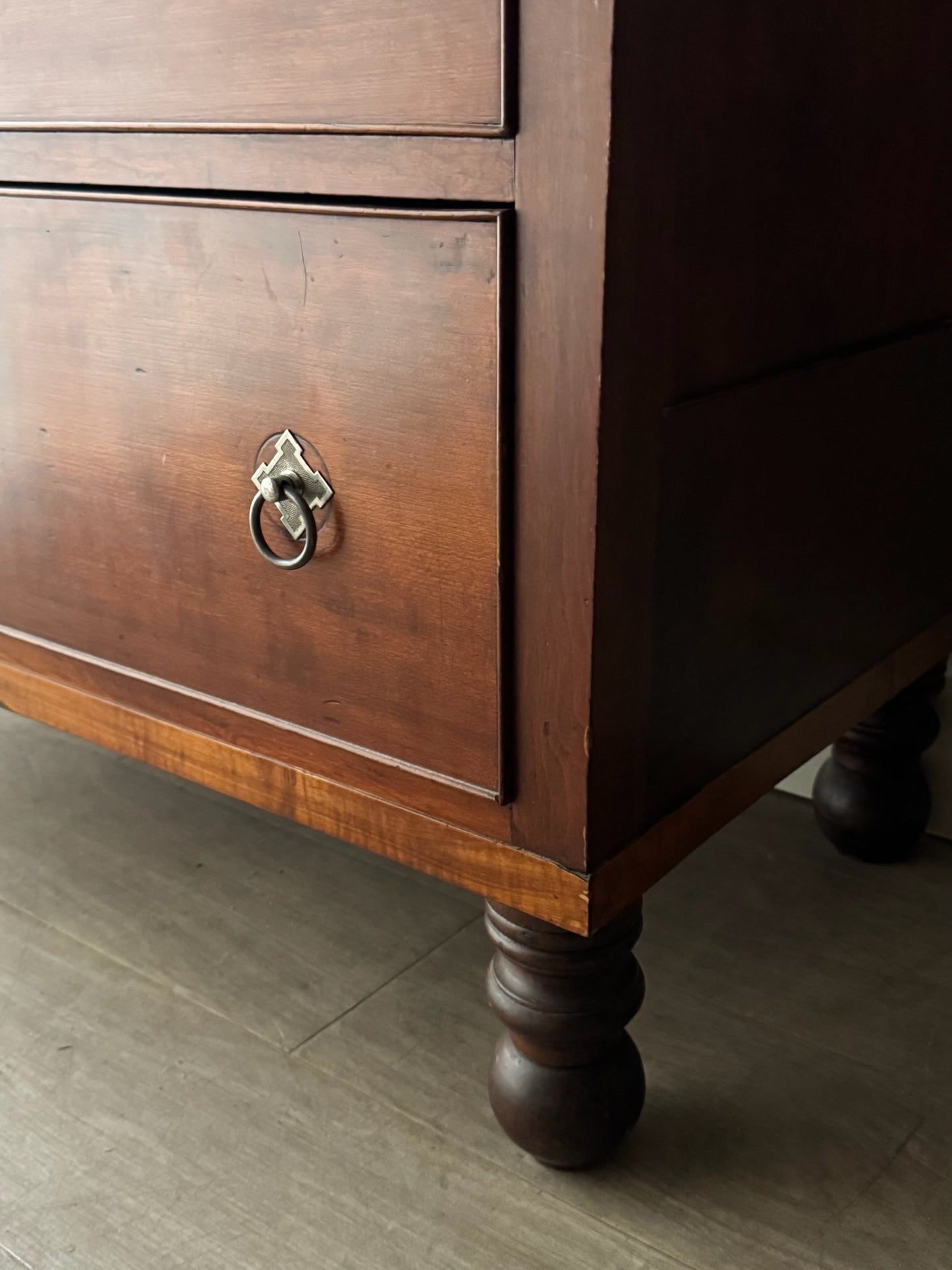 Sheraton cherry & tiger maple tallboy dresser