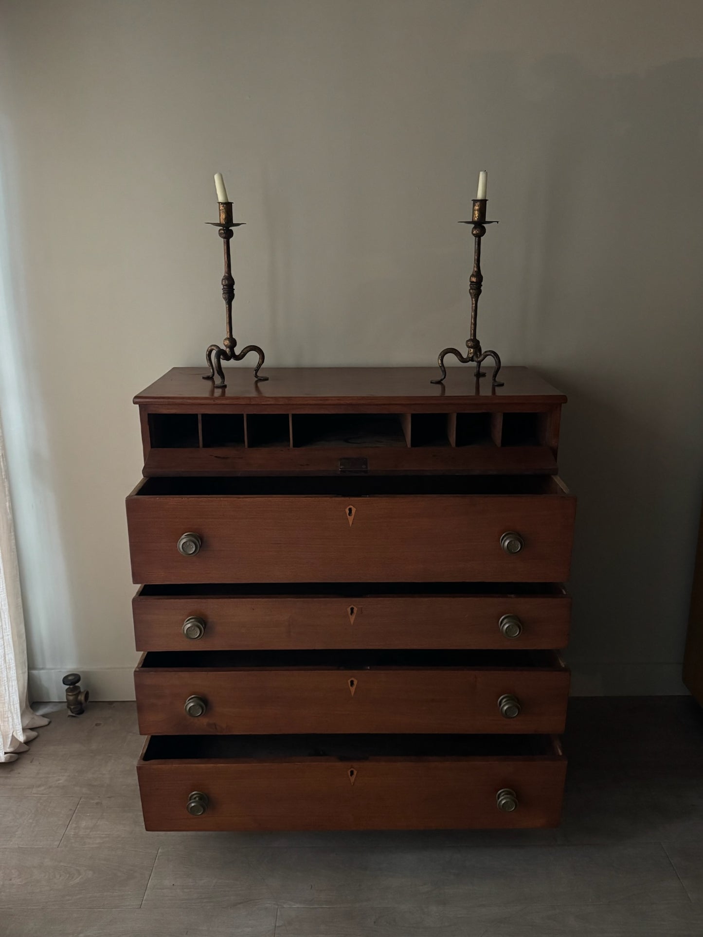 Inlaid walnut tallboy dresser with drop down compartment