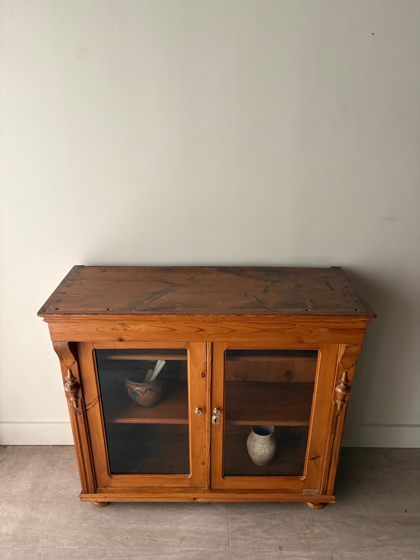 English waxed pine display cabinet