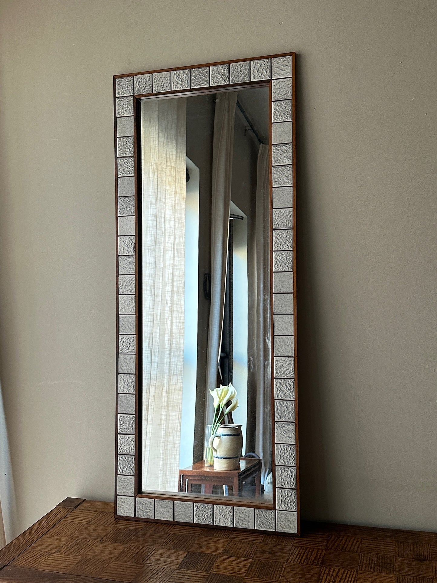 Jansen Spejle teak and ceramic tile mirror