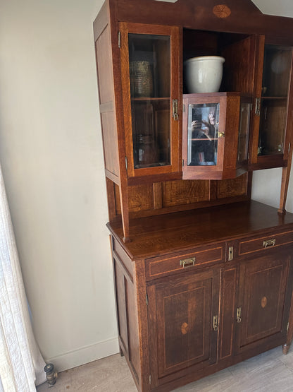 Deco inlaid two piece oak hutch