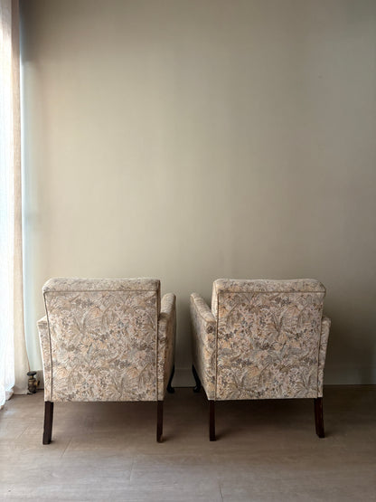 Danish floral upholstered lounge chairs. Sold individually.