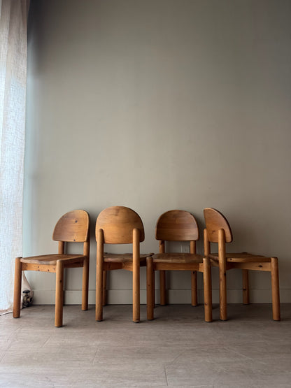 Rainer Daumiller pine dining chairs with matte finish. Sold as a set of 4.