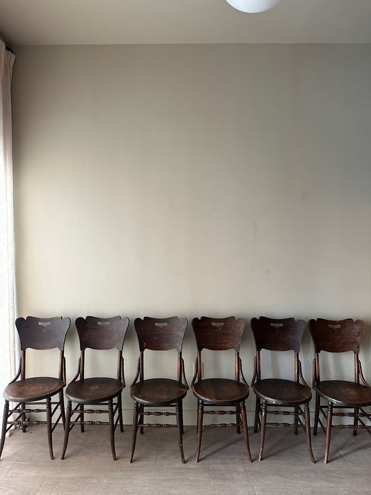 6 dark oak parlor chairs. Sold in sets of 2.