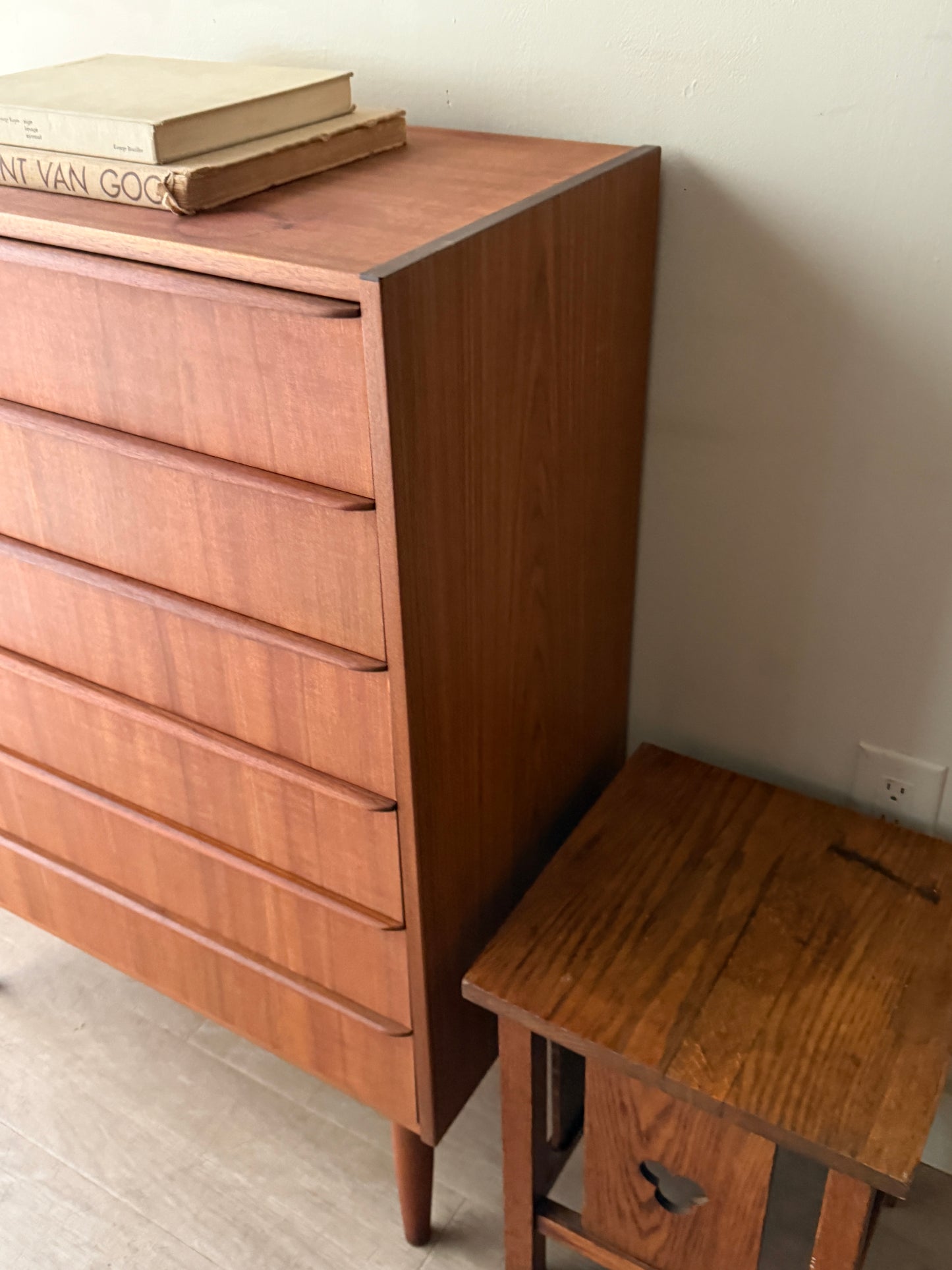Danish teak tallboy dresser (right)