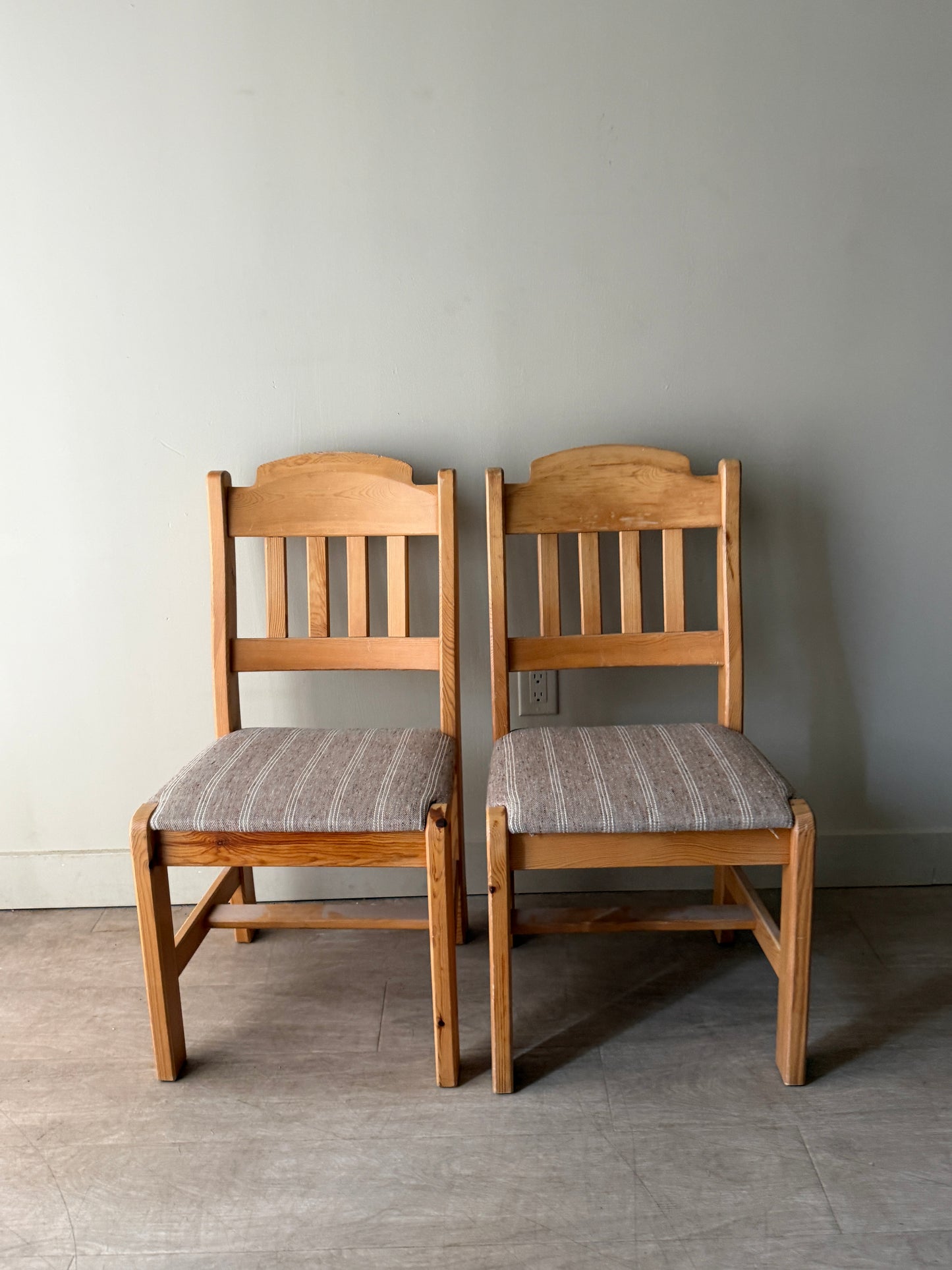 Danish upholstered pine dining chairs. Sets of 2.
