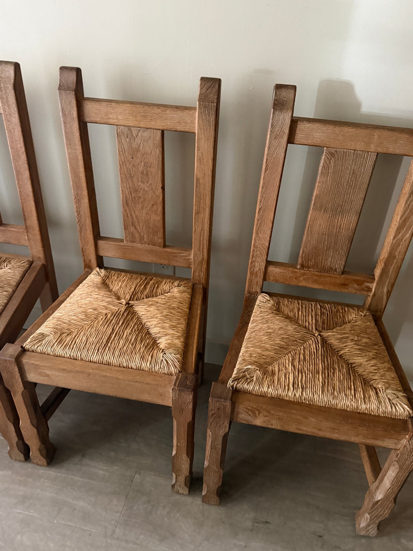 Belgian De Puydt oak & rush dining chair. Sold as a set of 4.
