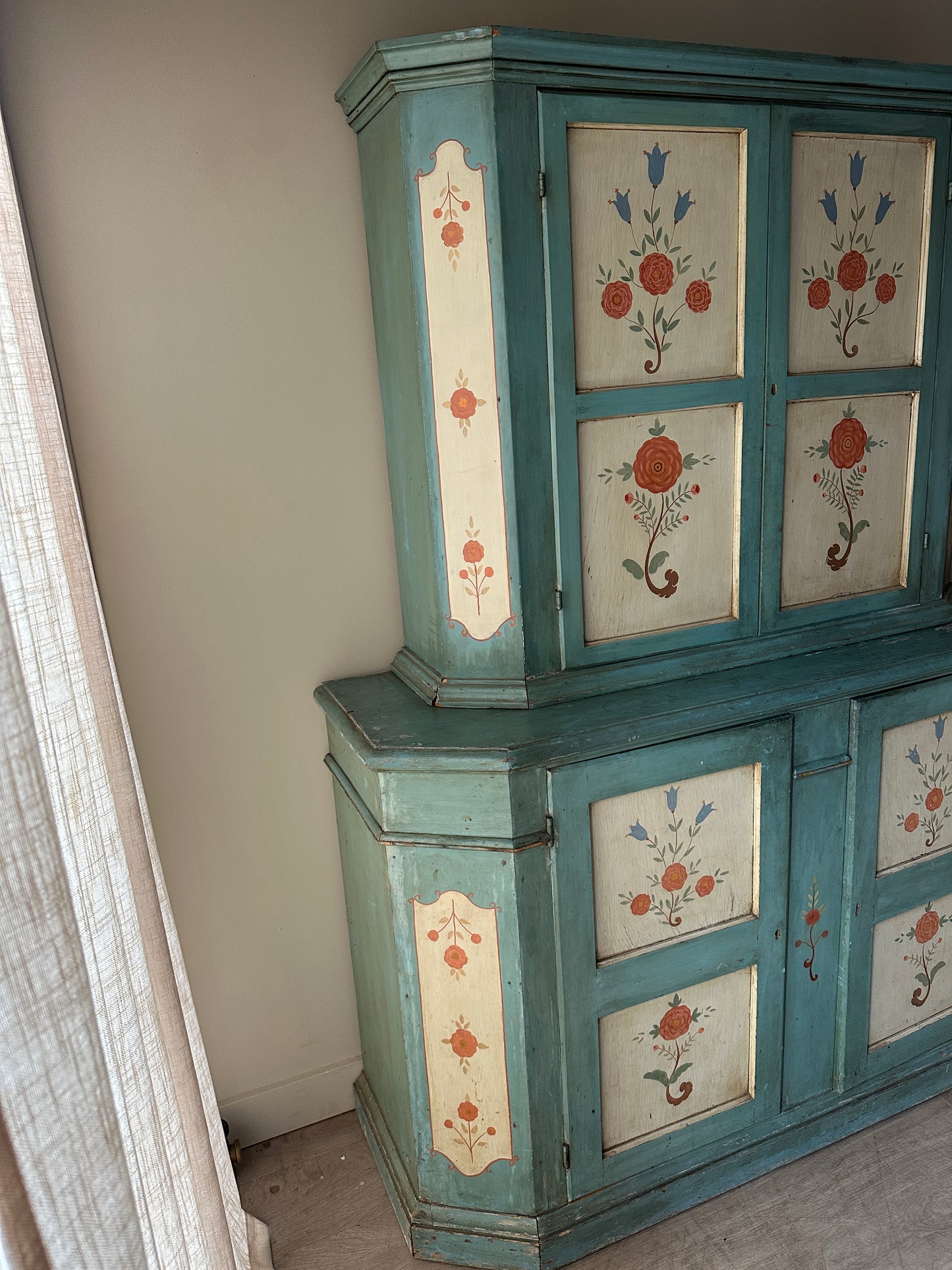 Two piece folk painted Swedish hutch