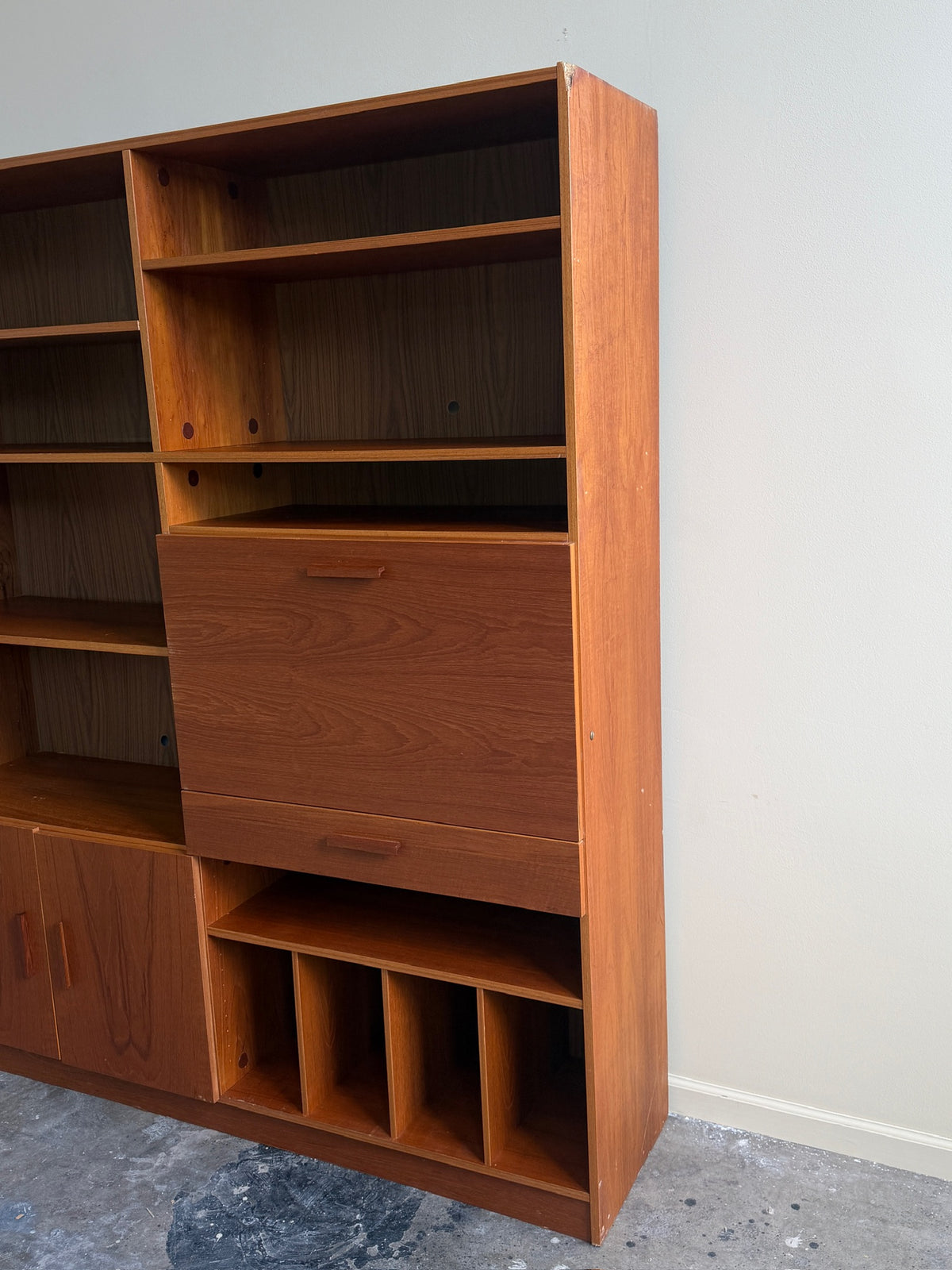 Danish teak shelving unit with drop down desk