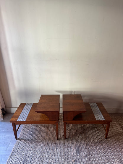 Pair of walnut and tile side tables. Sold individually