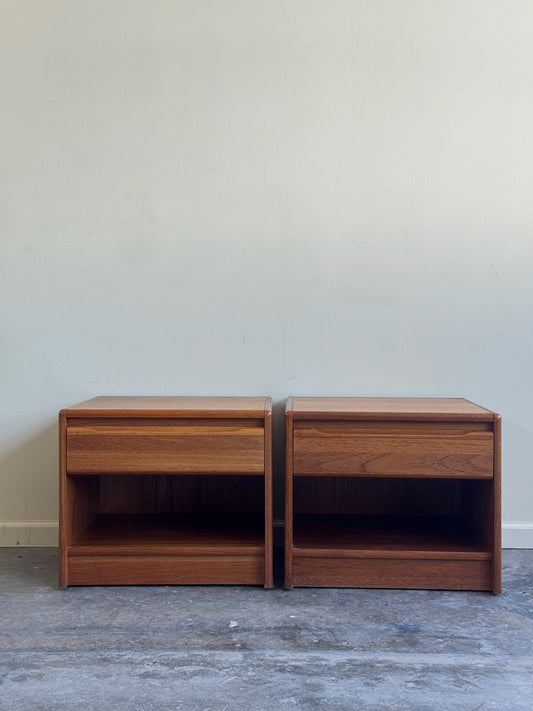 Danish teak nightstands. Sold as a pair.