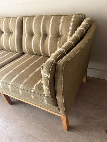 Danish green striped wool & oak sofa