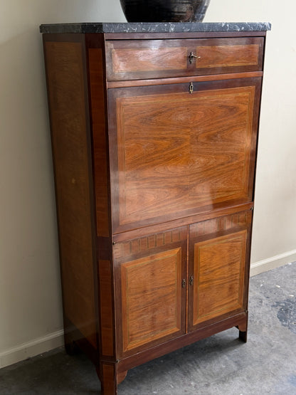 Walnut & mahogany marble top secretary cabinet