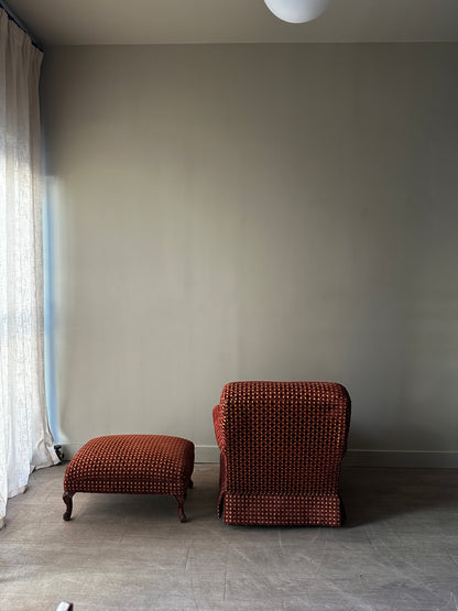 Basket weave fabric armchair with ottoman
