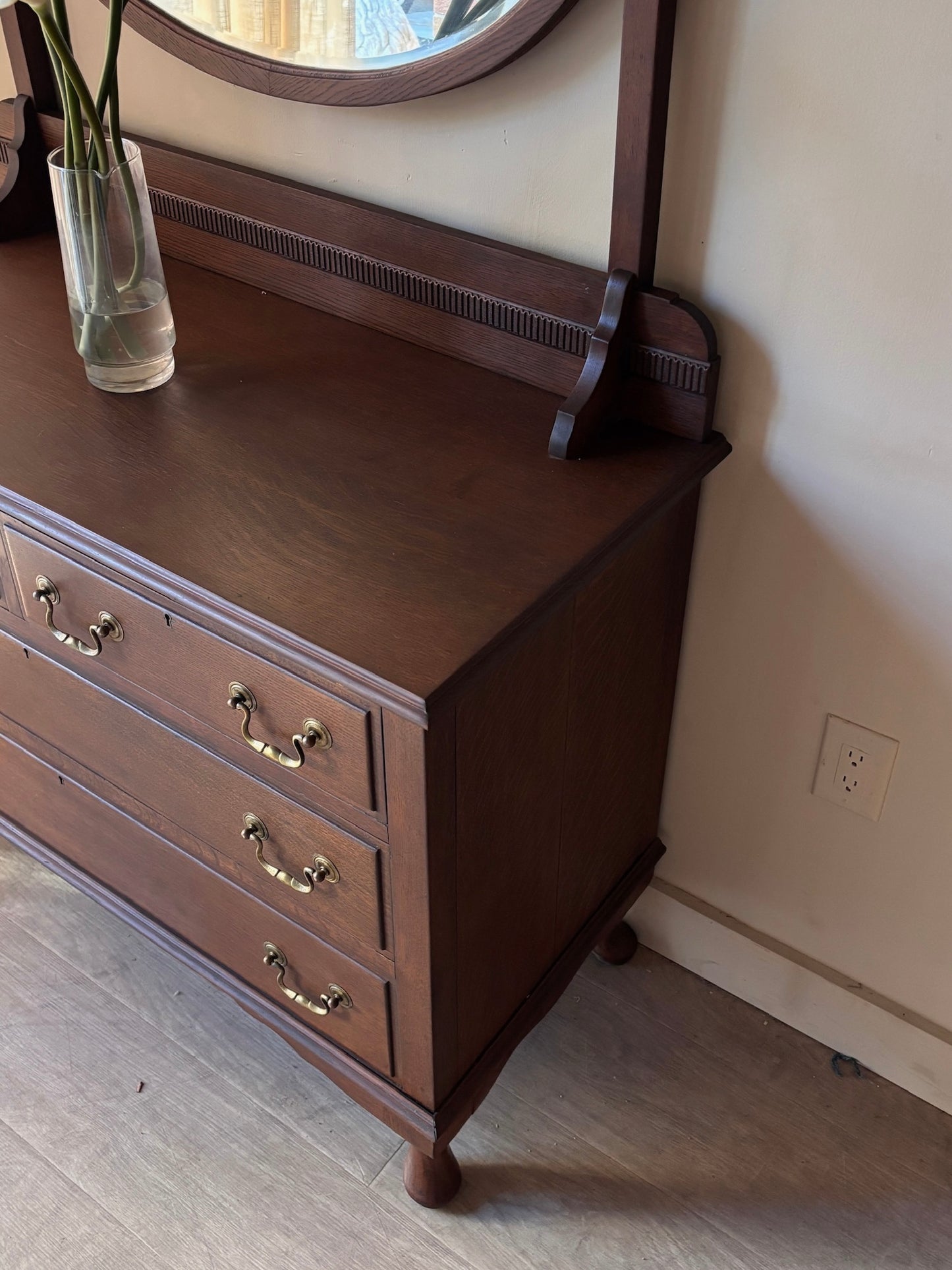 English Queen Anne oak dresser with mirror