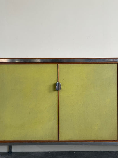 Nichols English bookcase with green vinyl doors