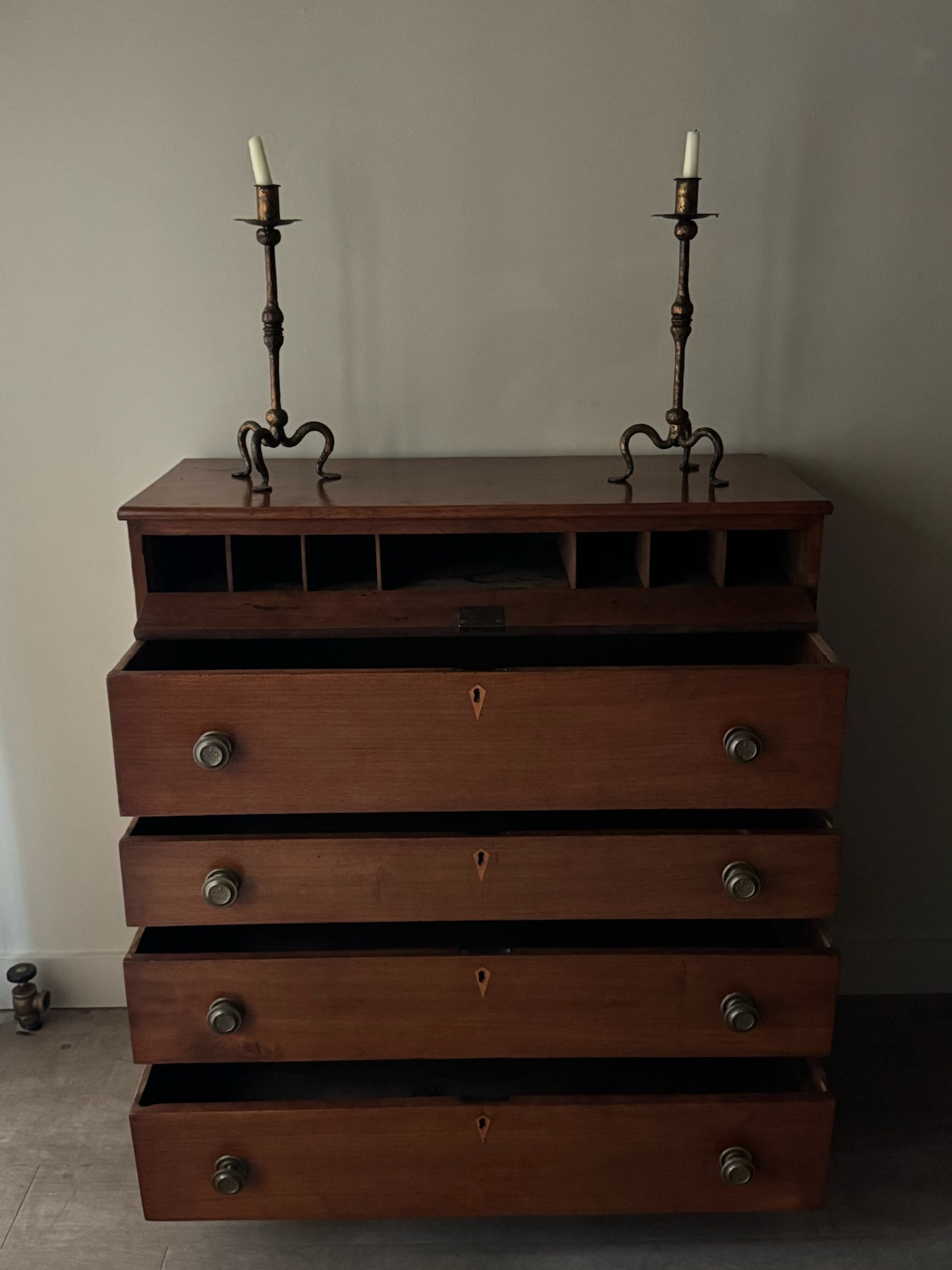 Inlaid walnut tallboy dresser with drop down compartment