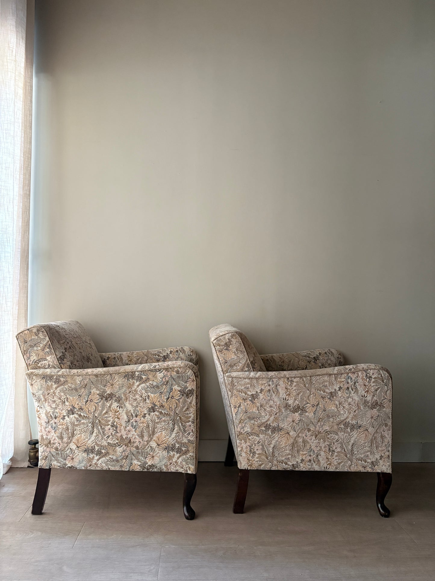 Danish floral upholstered lounge chairs. Sold individually.